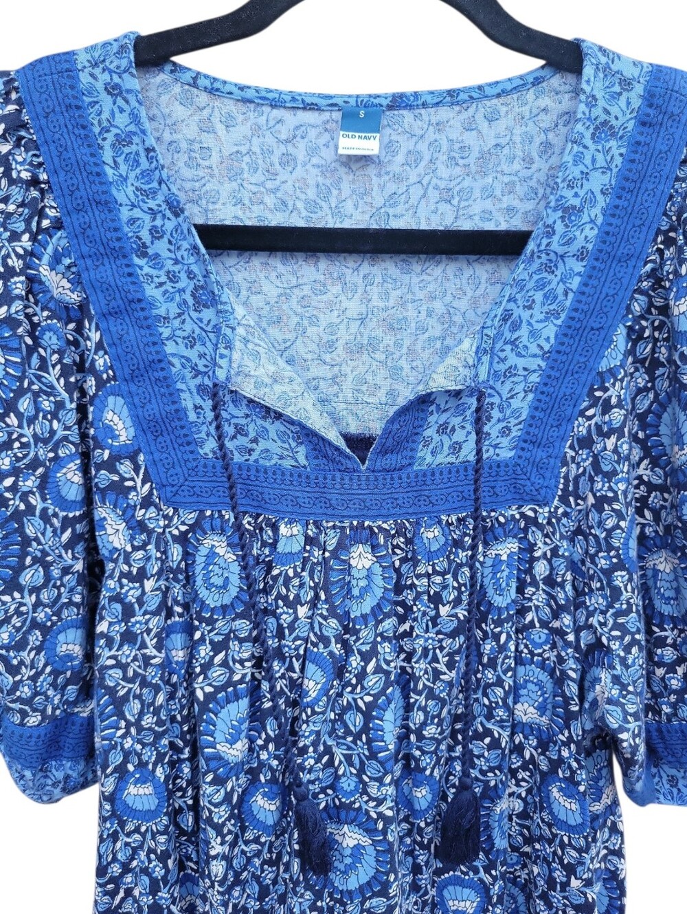 Old Navy Blue Floral Peasant Babydoll Mini Dress Size Sm Boho Cotton Puff Sleeve - Picture 5 of 16